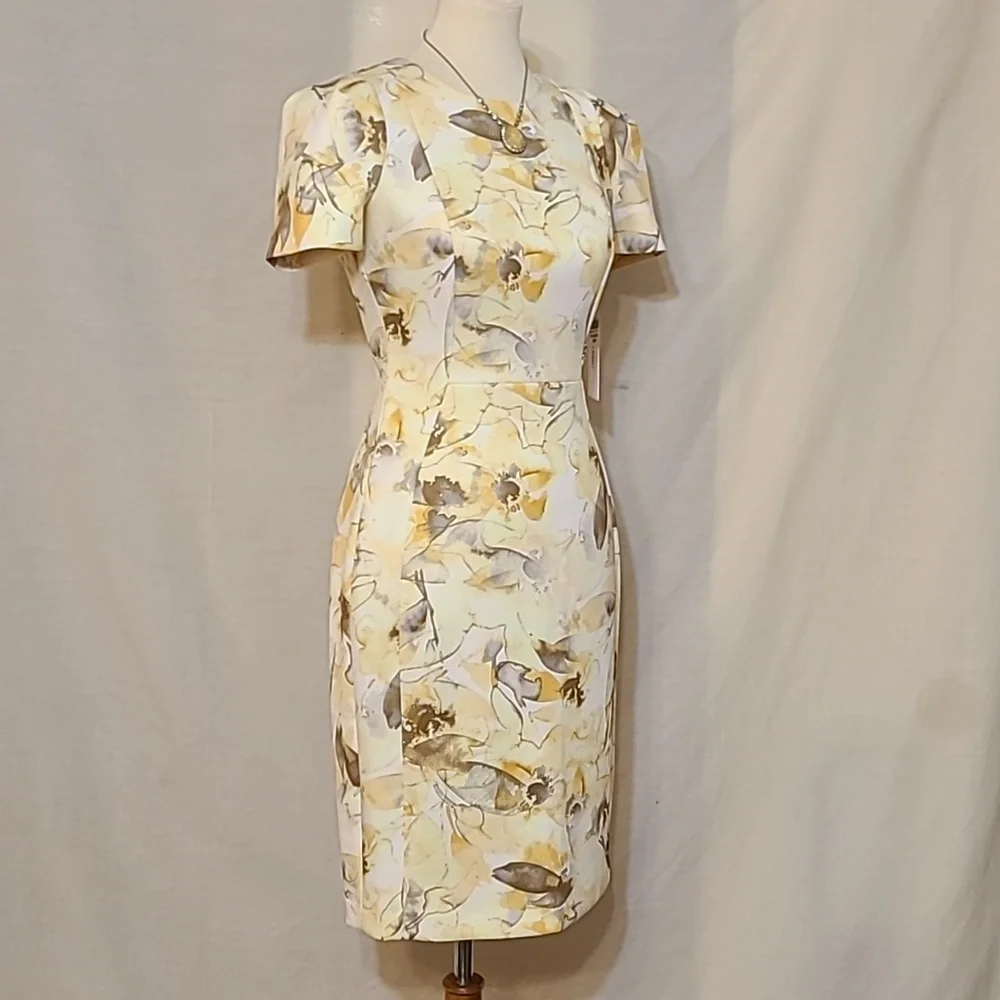 Calvin Klein Yellow Floral Detail Short Sleeve Sheath Dress - Picture 2 of 11